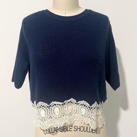 Topshop PETITE Tops - Topshop Navy Blue Lace Hem Short Sleeve Sweater